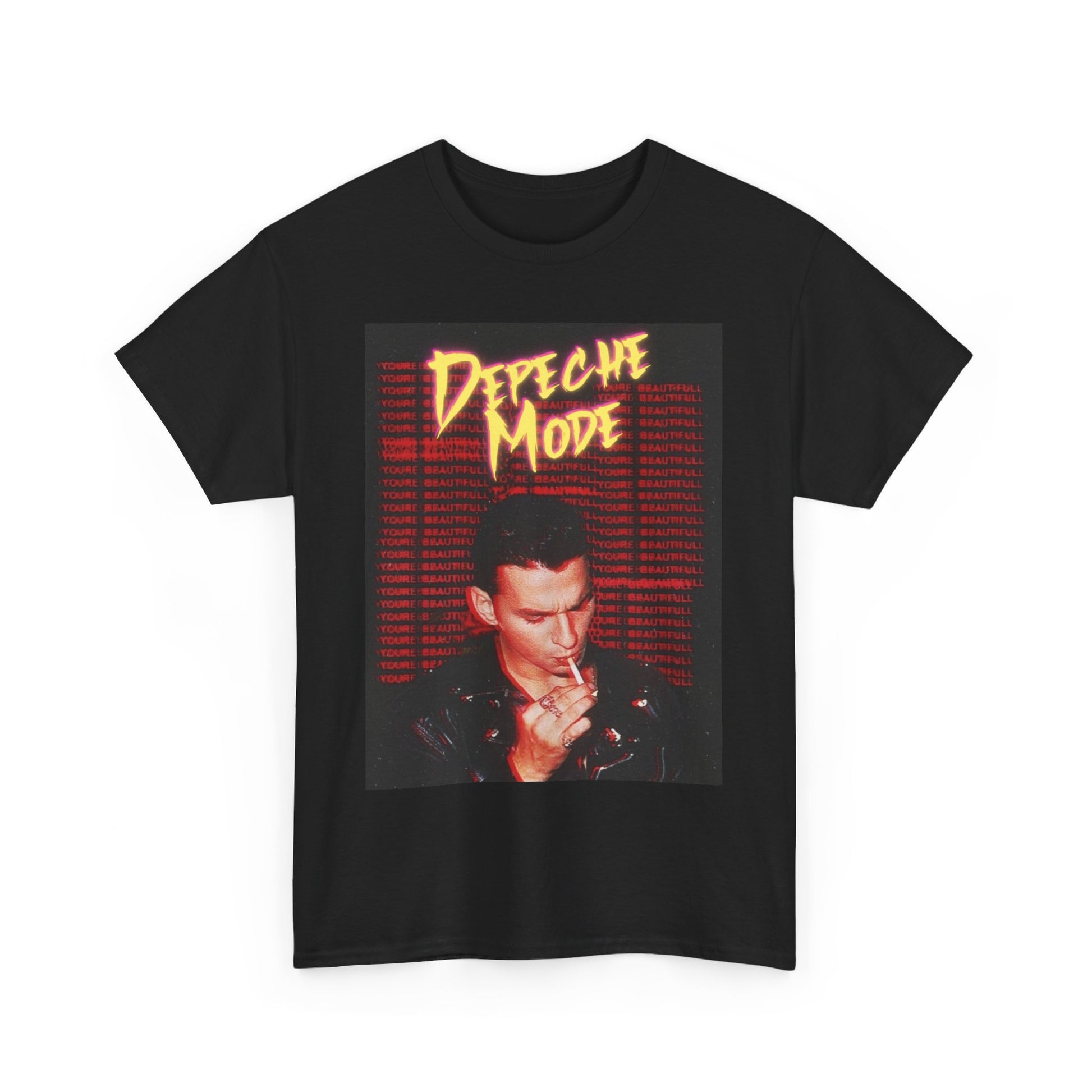 A black graphic t-shirt featuring a stylized graphic of Depeche Mode with an aesthetic design.