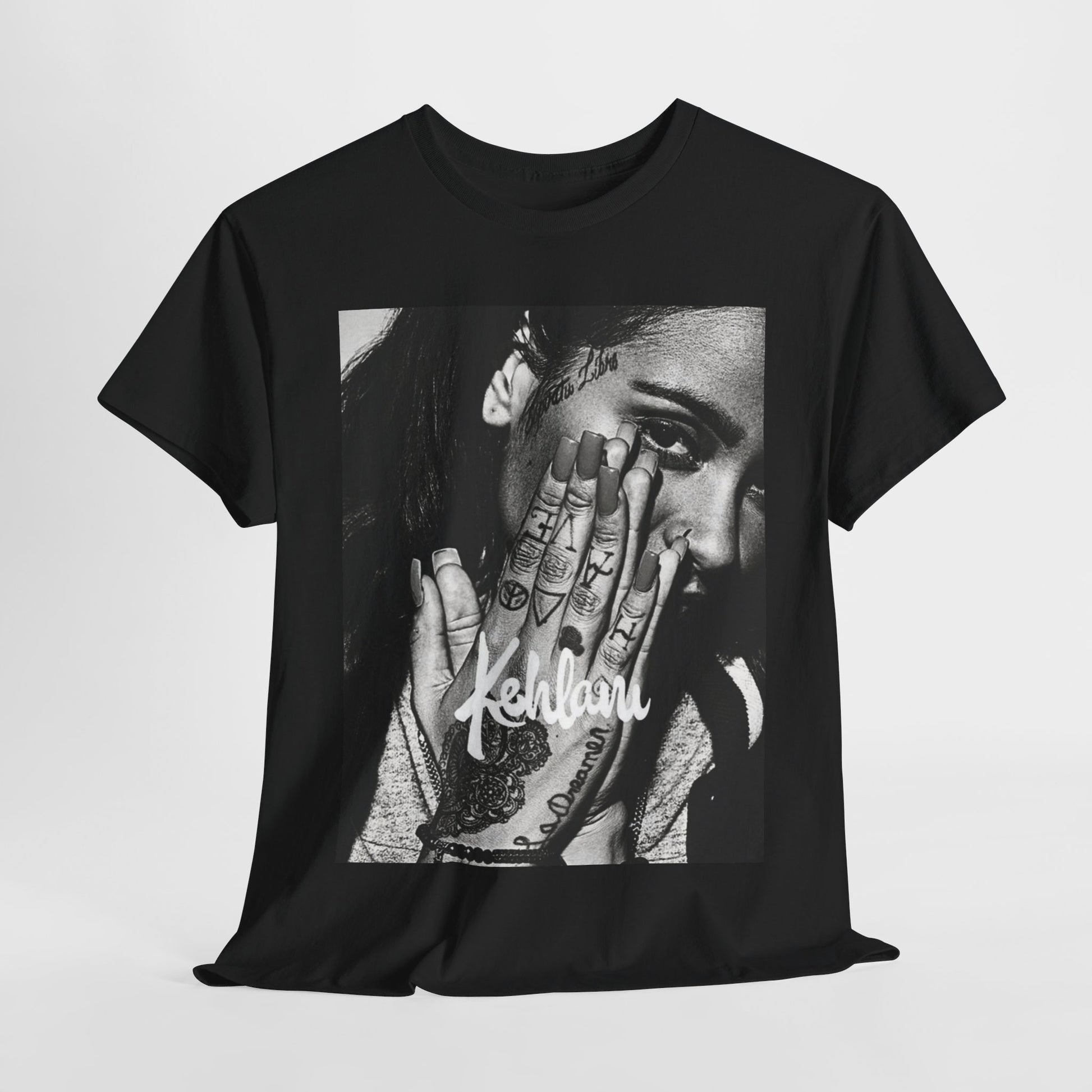 A black graphic t-shirt featuring a casual R&B fan graphic of Kehlani.
