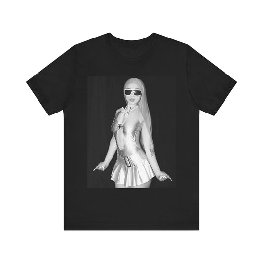 A black graphic t-shirt featuring a black and white graphic or photo of Ice Spice in a backstage setting.