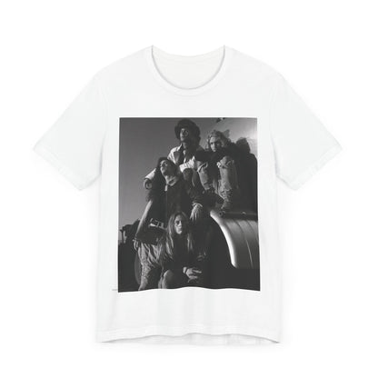 A black graphic t-shirt featuring a 90s black and white photographic portrait of the band Alice In Chains, capturing their iconic grunge look.