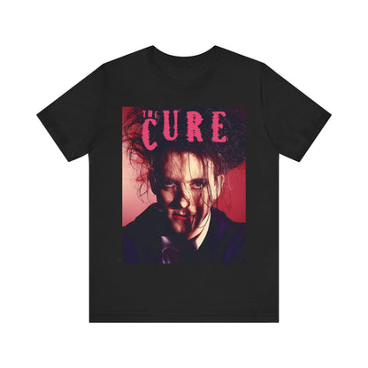 A black graphic t-shirt featuring a vintage graphic related to The Cure's 'Just Like Heaven' song or era.