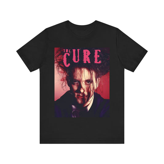 A black graphic t-shirt featuring a vintage graphic related to The Cure's 'Just Like Heaven' song or era.