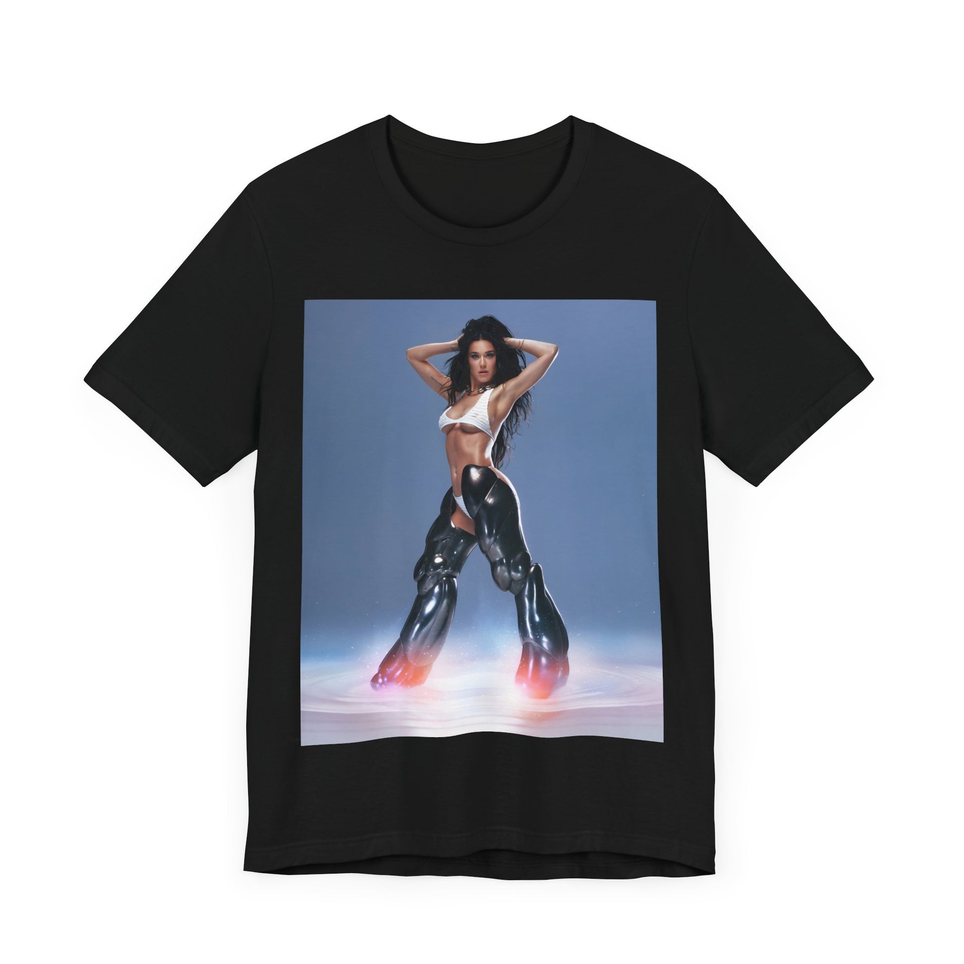 A black graphic t-shirt featuring a graphic of Katy Perry as a pop diva.