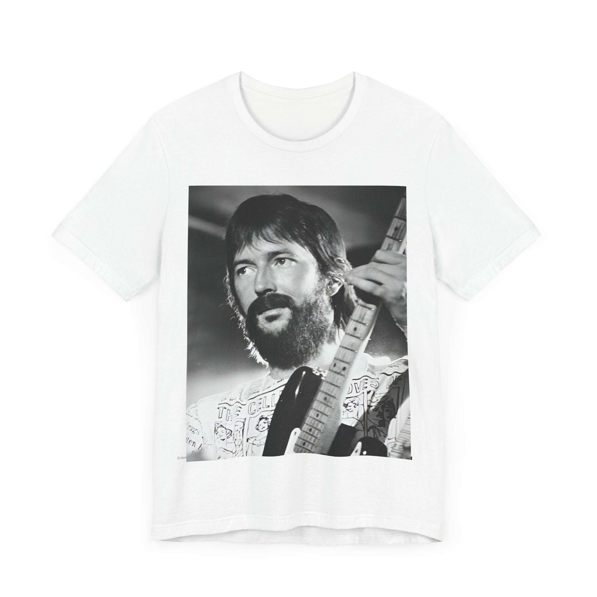 A black graphic t-shirt featuring a graphic of Eric Clapton as an authentic guitar god.