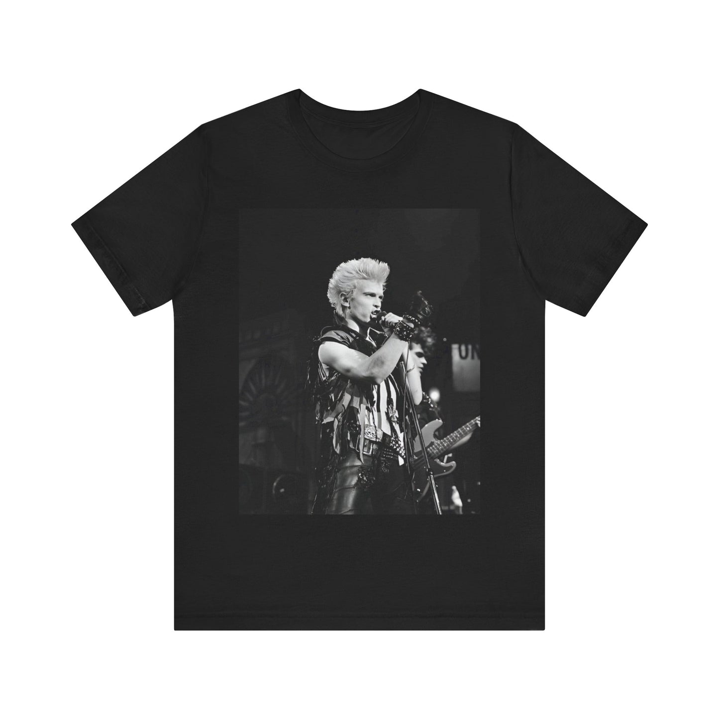 A black graphic t-shirt featuring a relaxed or candid graphic of Billy Idol, possibly on stage or in a merch style.