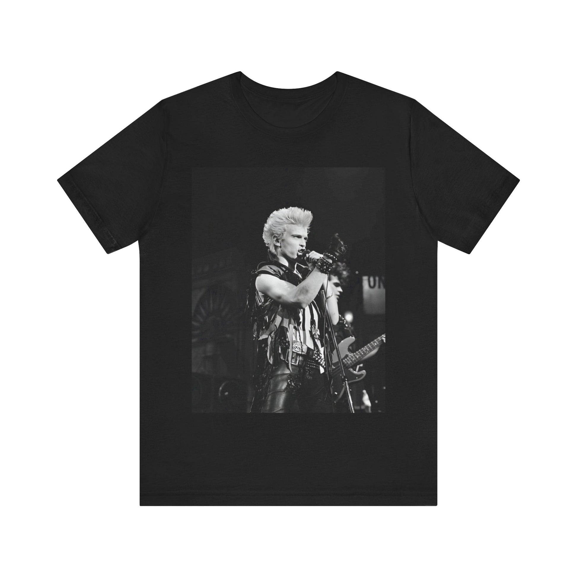 A black graphic t-shirt featuring a relaxed or candid graphic of Billy Idol, possibly on stage or in a merch style.