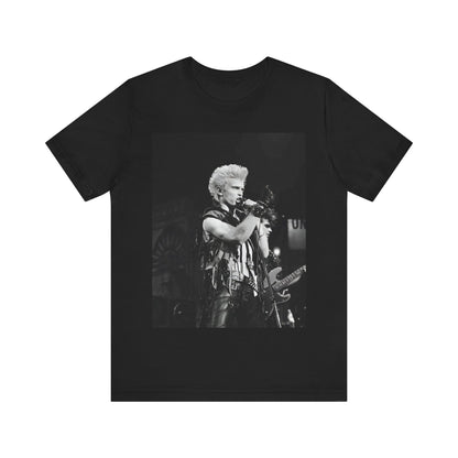 A black graphic t-shirt featuring a relaxed or candid graphic of Billy Idol, possibly on stage or in a merch style.