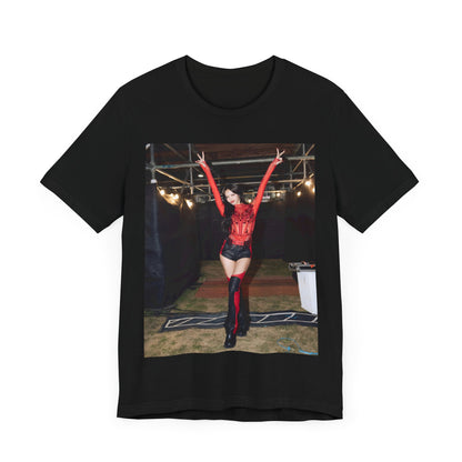 A black graphic t-shirt featuring a classic graphic of Lisa as a Blackpink rapper.