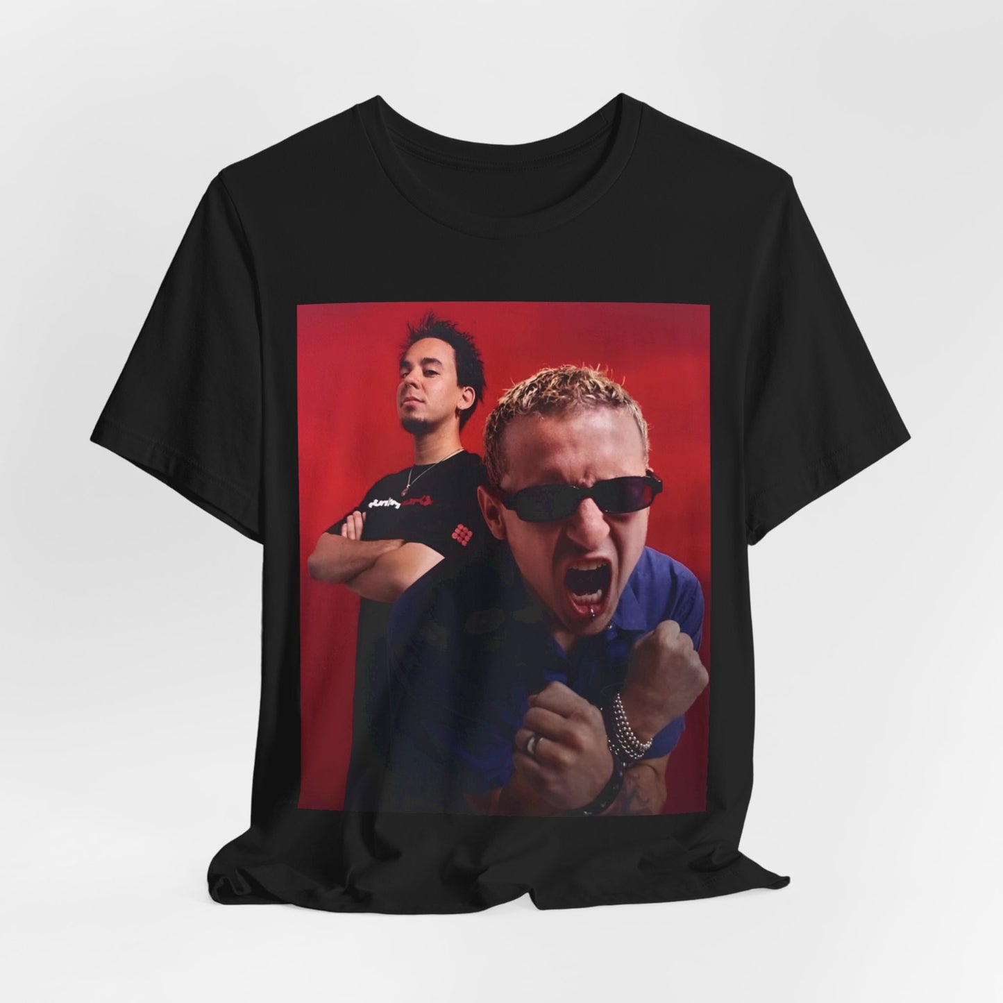 A black graphic t-shirt featuring a 2000s alt-rock aesthetic graphic of Linkin Park.