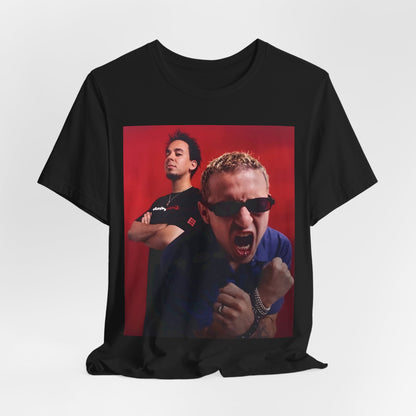 A black graphic t-shirt featuring a 2000s alt-rock aesthetic graphic of Linkin Park.