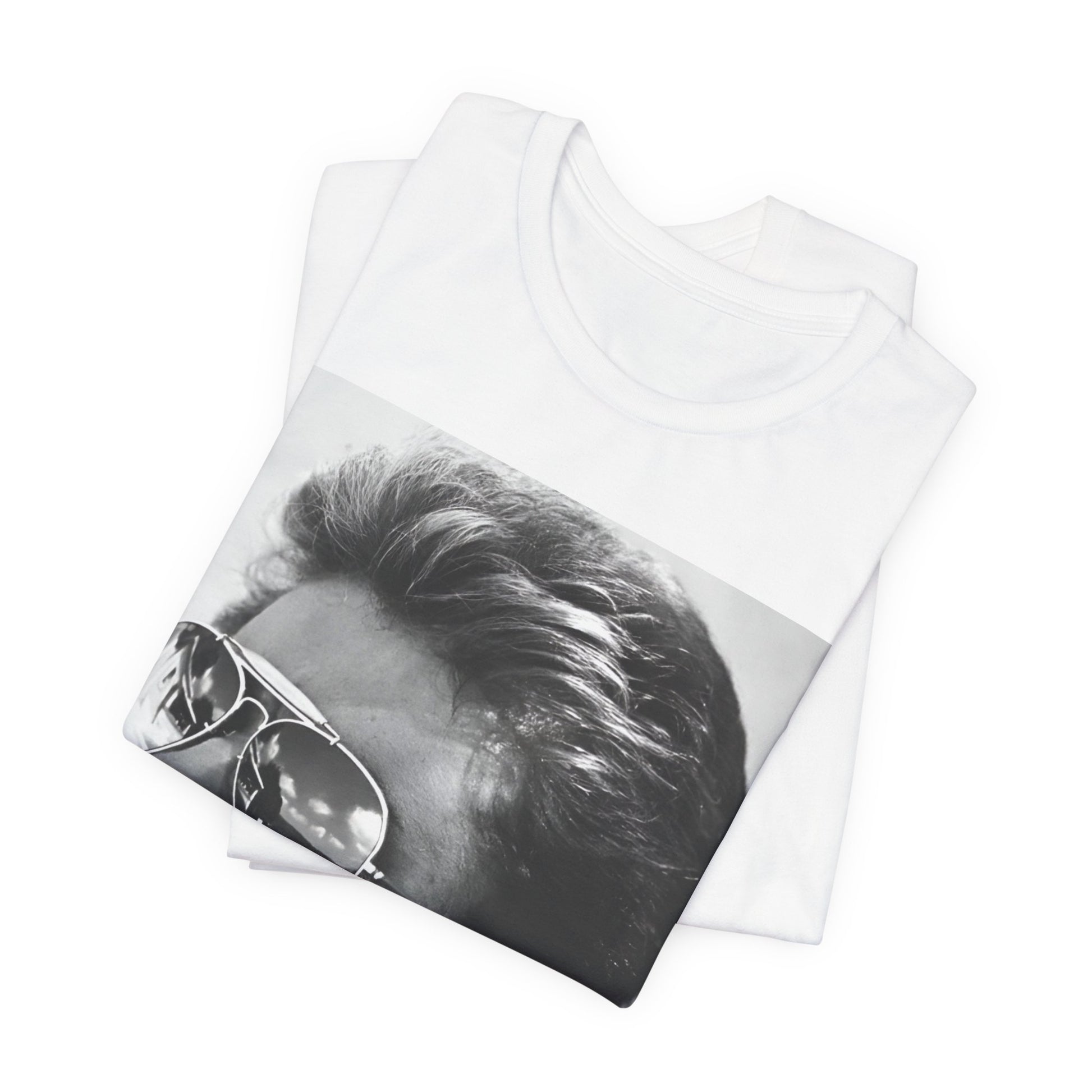 A black graphic t-shirt featuring a photo of George Michael wearing iconic sunglasses.