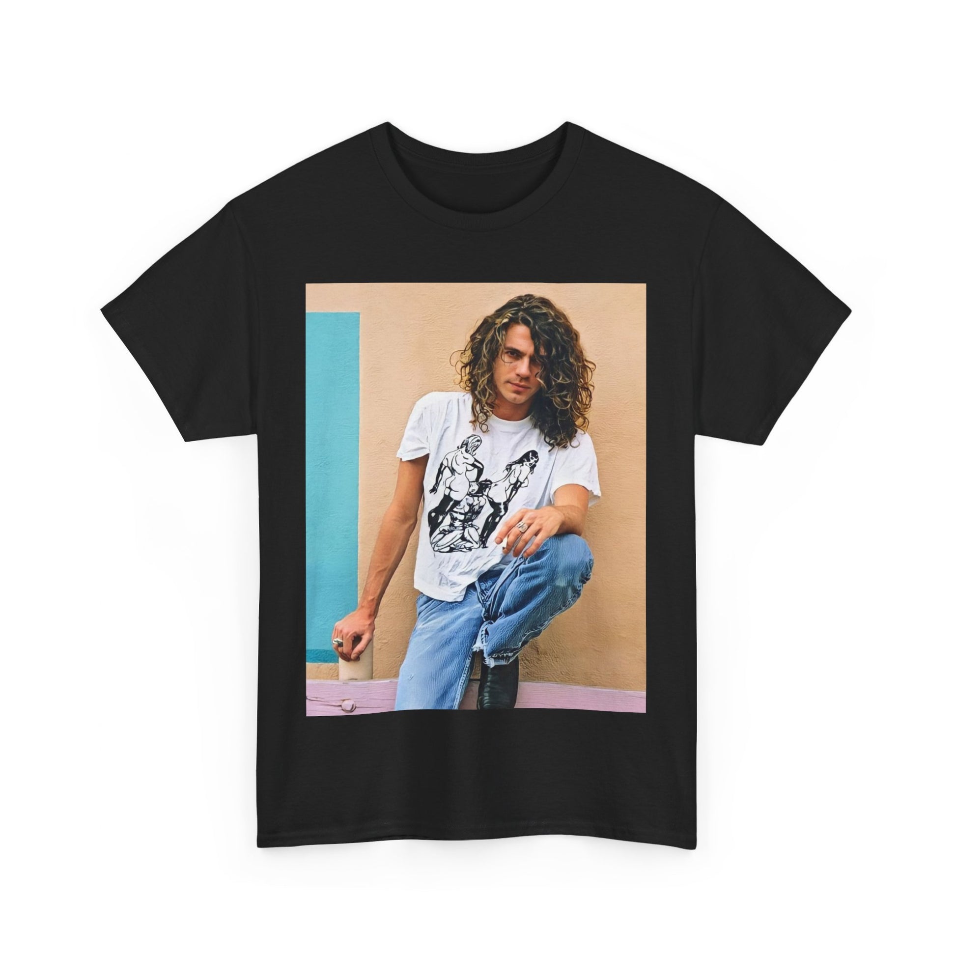 A black graphic t-shirt featuring a 90s chill retro rock graphic of INXS.