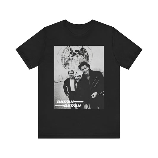 A black graphic t-shirt featuring a black and white portrait photo of the band Duran Duran.