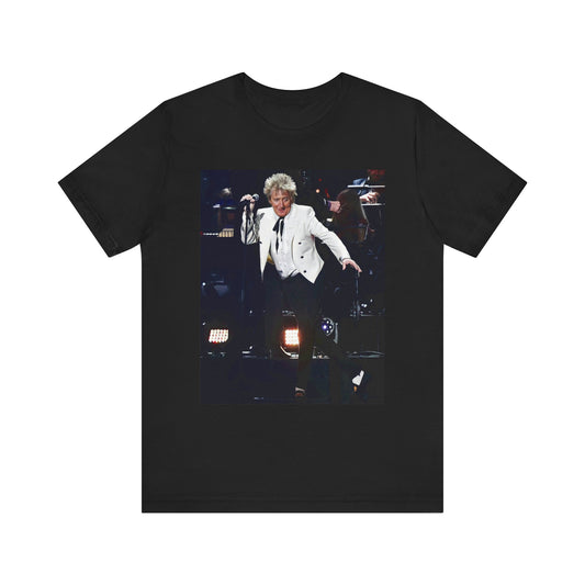 A black graphic t-shirt featuring a graphic or photo of Rod Stewart performing live in a 2005 concert.