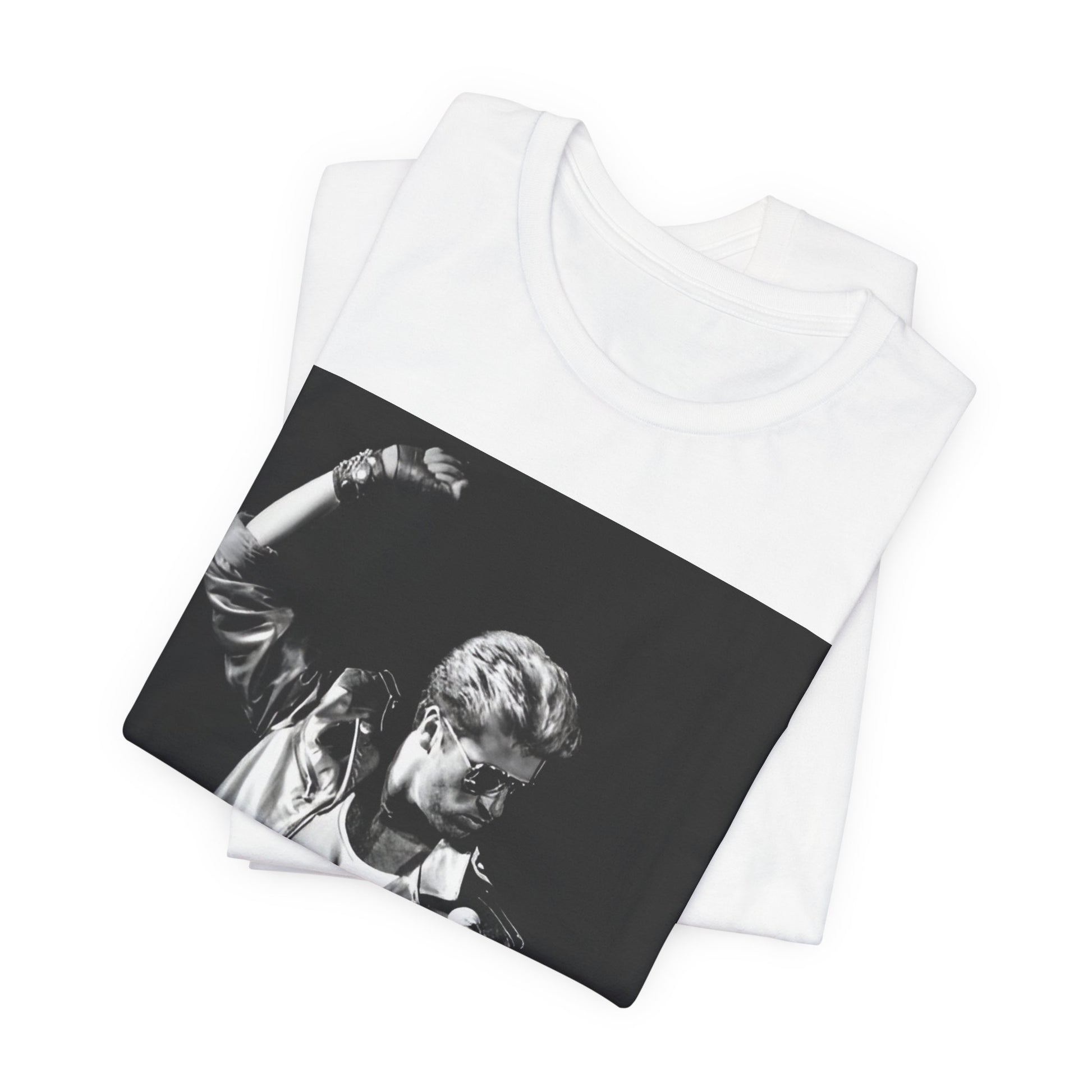 A black graphic t-shirt featuring an iconic black and white portrait photo of George Michael.