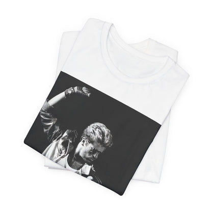 A black graphic t-shirt featuring an iconic black and white portrait photo of George Michael.