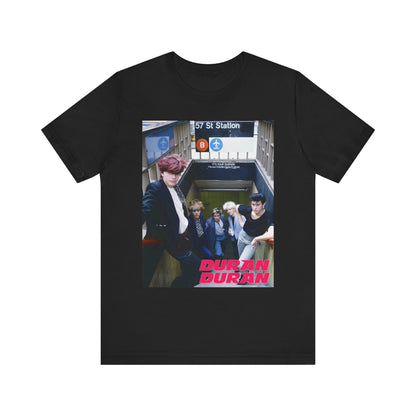 A black graphic t-shirt featuring an 80s photo of Duran Duran in a subway station.