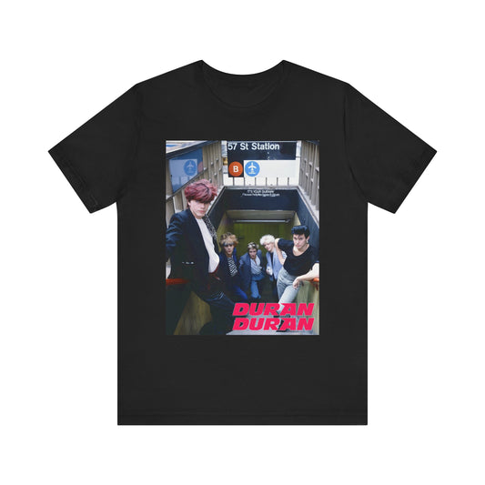 A black graphic t-shirt featuring an 80s photo of Duran Duran in a subway station.