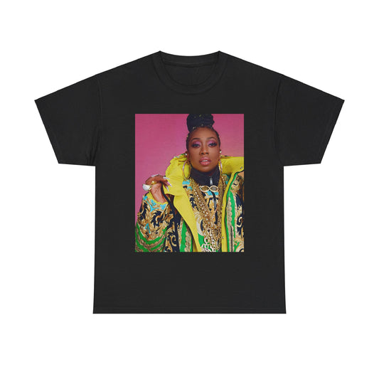 A black graphic t-shirt featuring a graphic of Missy Elliott as the rap queen of innovation.