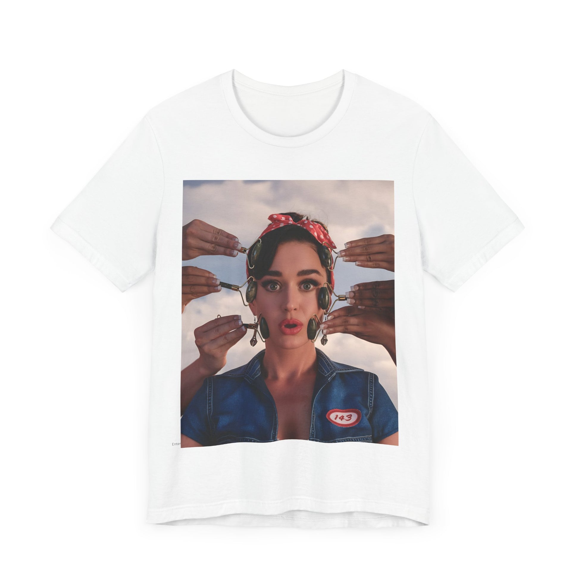 A black graphic t-shirt featuring a modern pop essential graphic of Katy Perry.