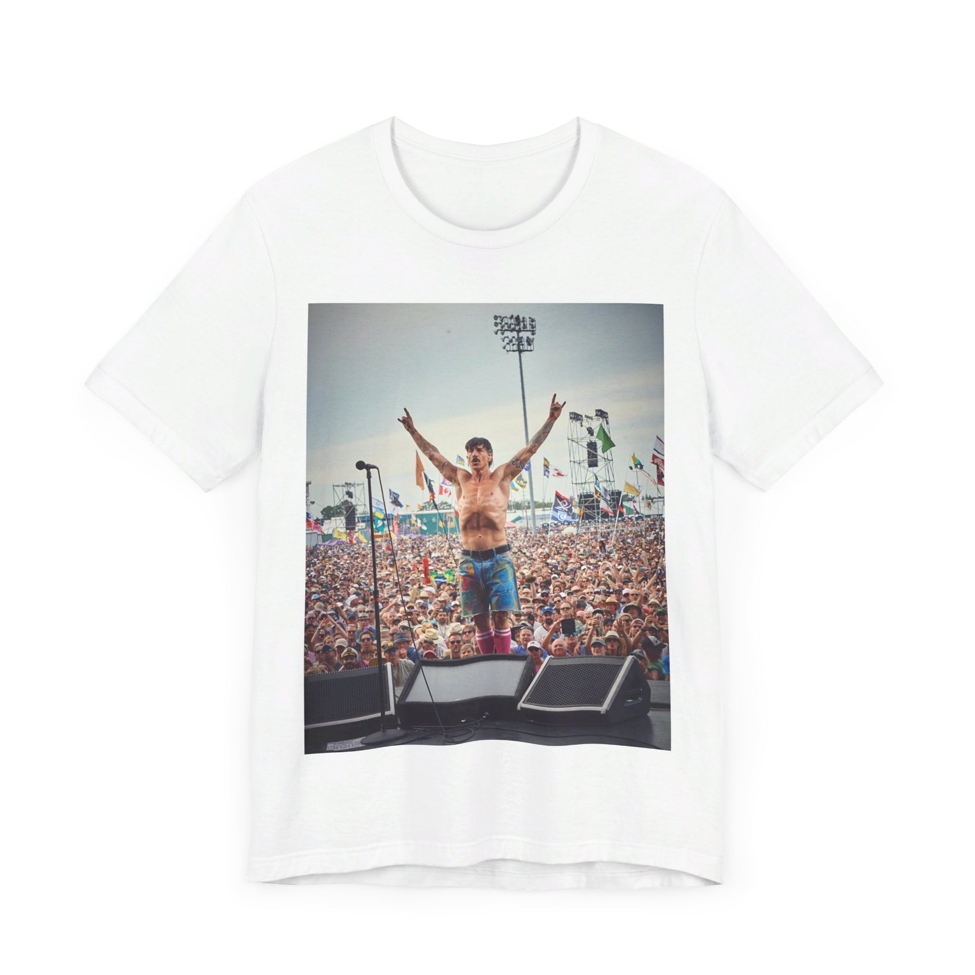 A black graphic t-shirt featuring a concert tour graphic of Red Hot Chili Peppers.