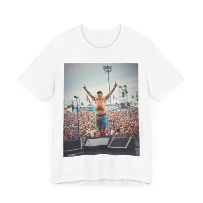 A black graphic t-shirt featuring a concert tour graphic of Red Hot Chili Peppers.