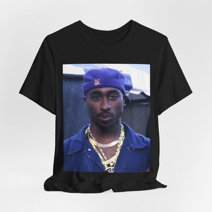 A black graphic t-shirt featuring a graphic related to Tupac's 'California Love' song or era.