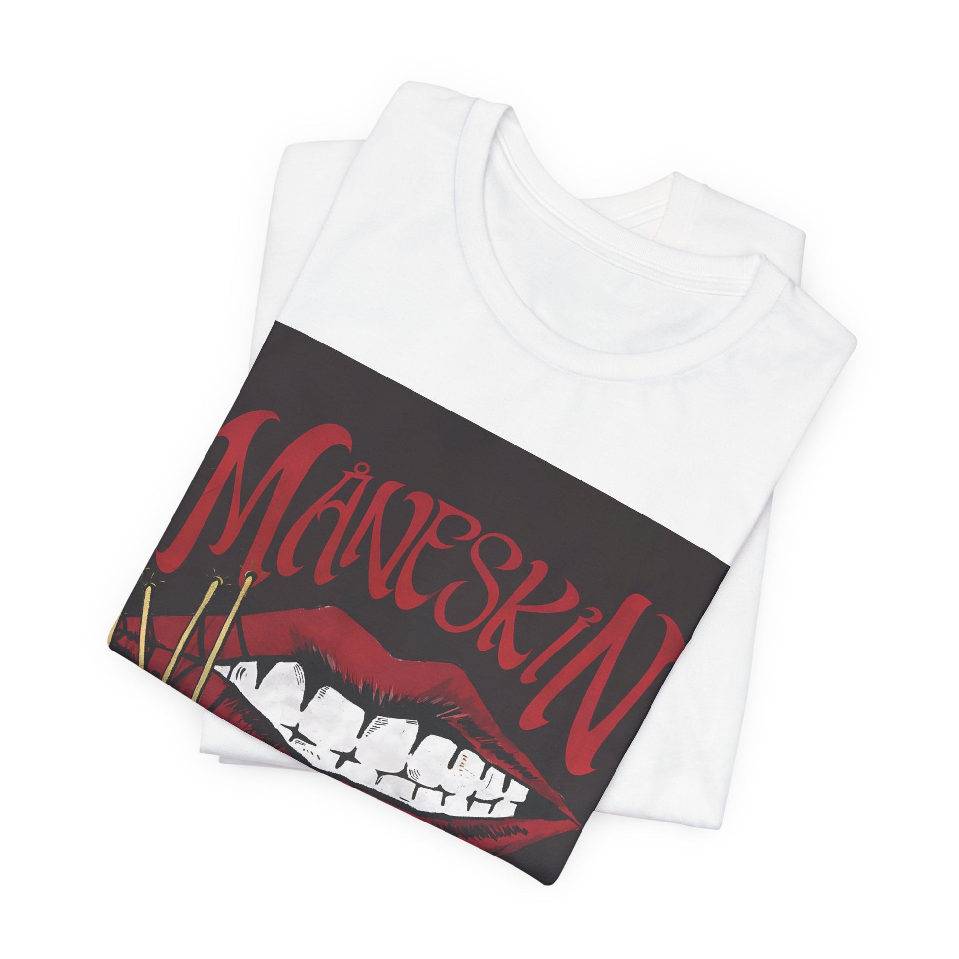 A black graphic t-shirt featuring a graphic related to Maneskin's song "Zitti E Buoni."