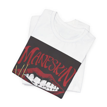 A black graphic t-shirt featuring a graphic related to Maneskin's song "Zitti E Buoni."