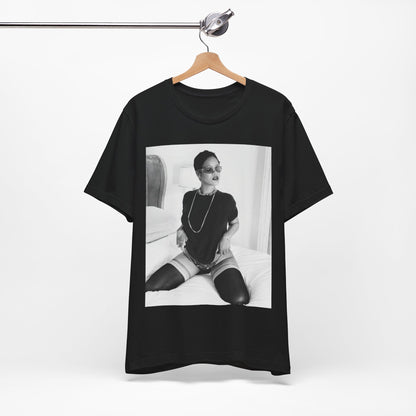 A black graphic t-shirt featuring a black and white graphic related to Rihanna's 'Diamonds' song or era.