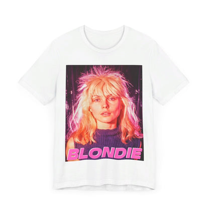 A black graphic t-shirt featuring a neon-style graphic of Blondie with a punk attitude.