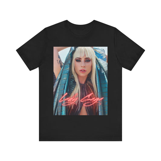 A black graphic t-shirt featuring a graphic related to Lady Gaga's 'A Star Is Born' film era.