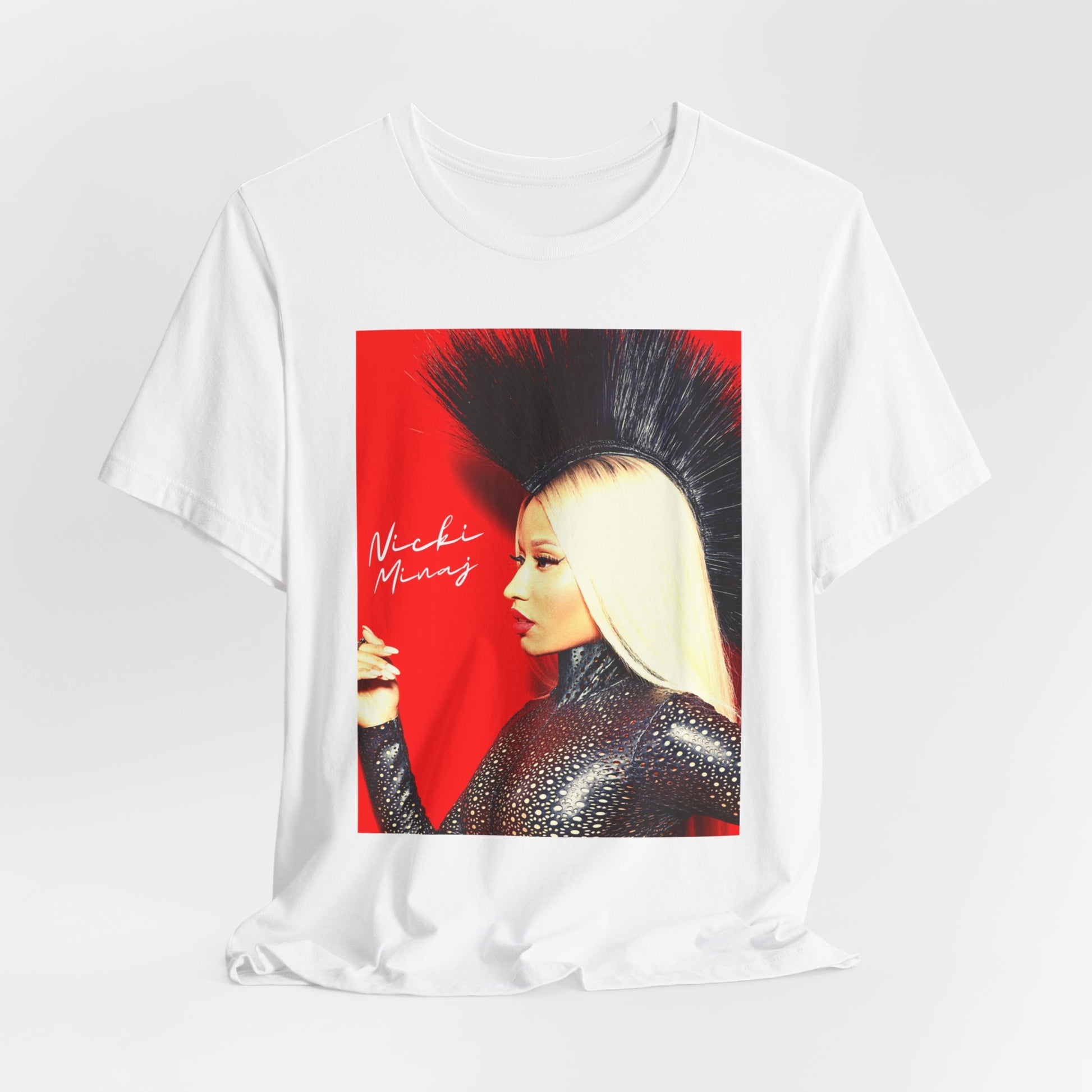 A black graphic t-shirt featuring a graphic of Nicki Minaj as a female rap pioneer.