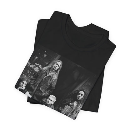 A black graphic t-shirt featuring a 90s black and white photographic portrait of the band Alice In Chains, capturing their iconic grunge look.