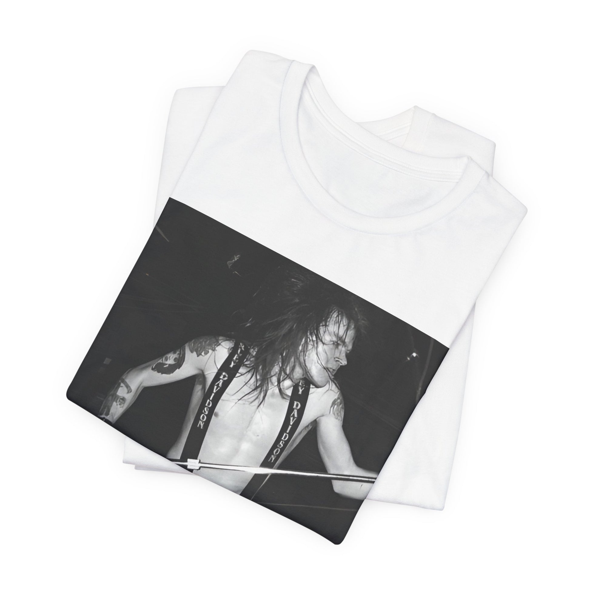 A black graphic t-shirt featuring a graphic of Axl Rose from Guns N' Roses from the 80s as the frontman.