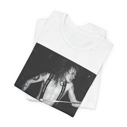 A black graphic t-shirt featuring a graphic of Axl Rose from Guns N' Roses from the 80s as the frontman.