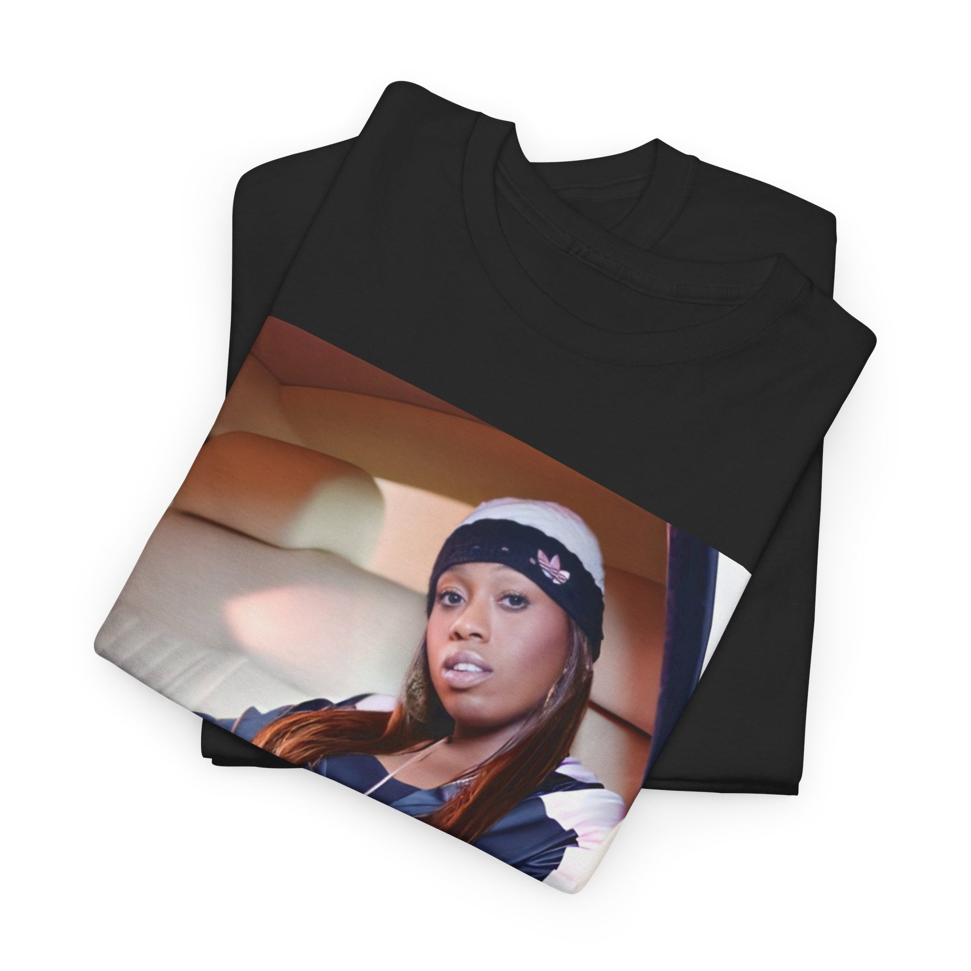 A black graphic t-shirt featuring a casual hip hop fan graphic of Missy Elliott.