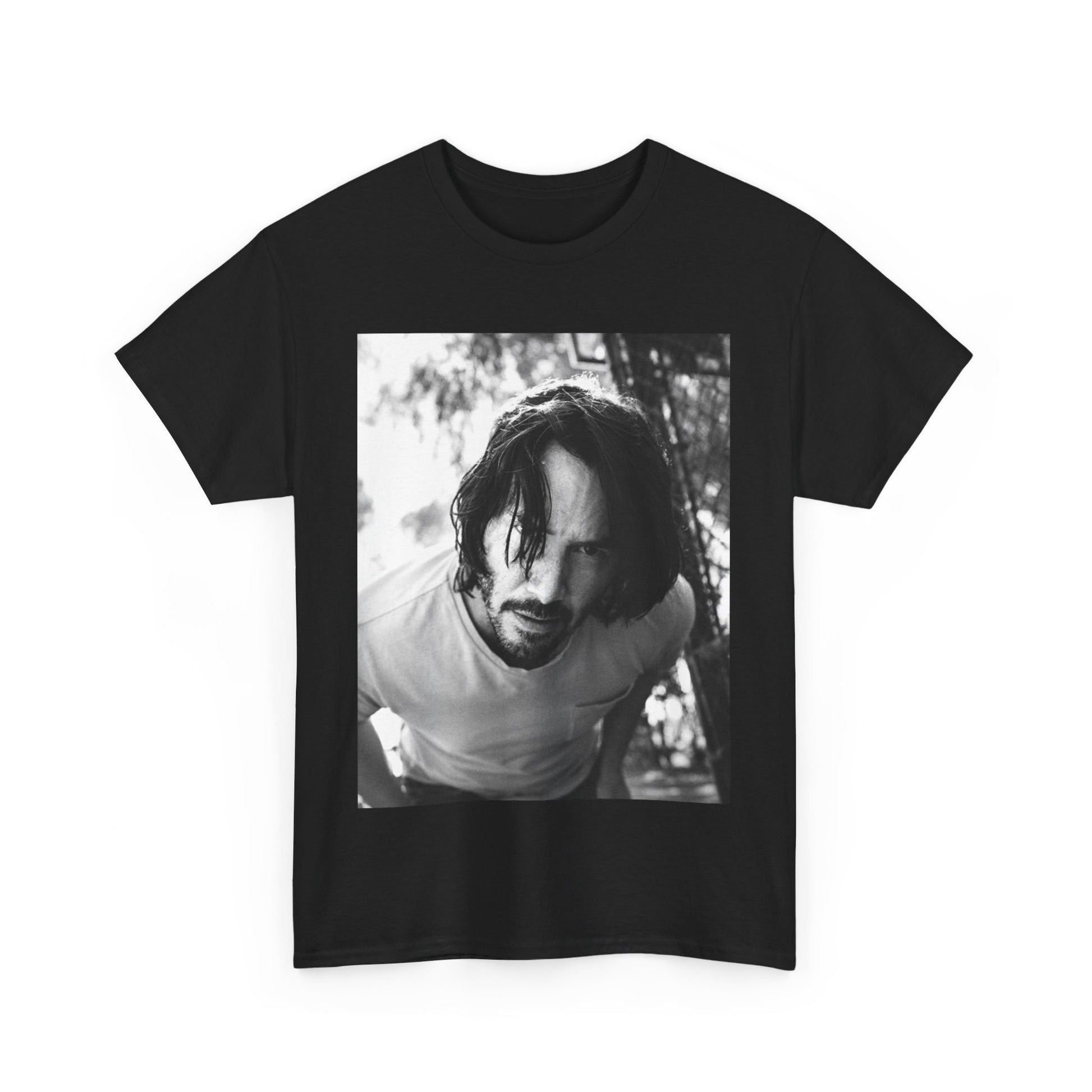A black graphic t-shirt featuring a graphic of Keanu Reeves with authentic chill vibes.