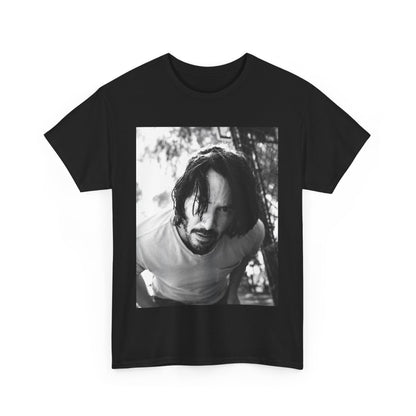 A black graphic t-shirt featuring a graphic of Keanu Reeves with authentic chill vibes.