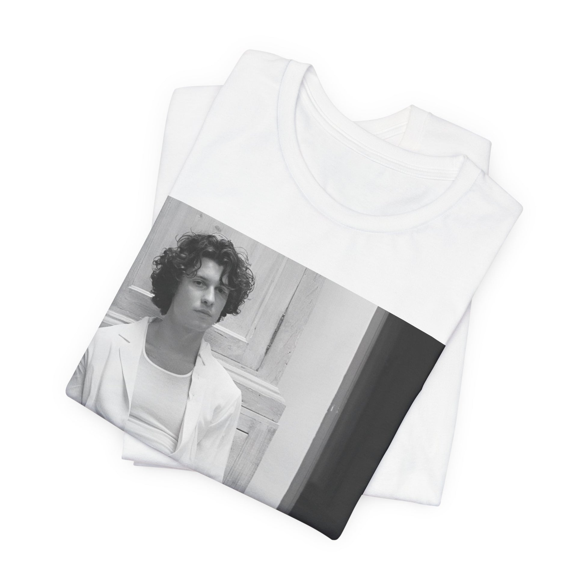 A black graphic t-shirt featuring a vintage casual style graphic of Shawn Mendes.
