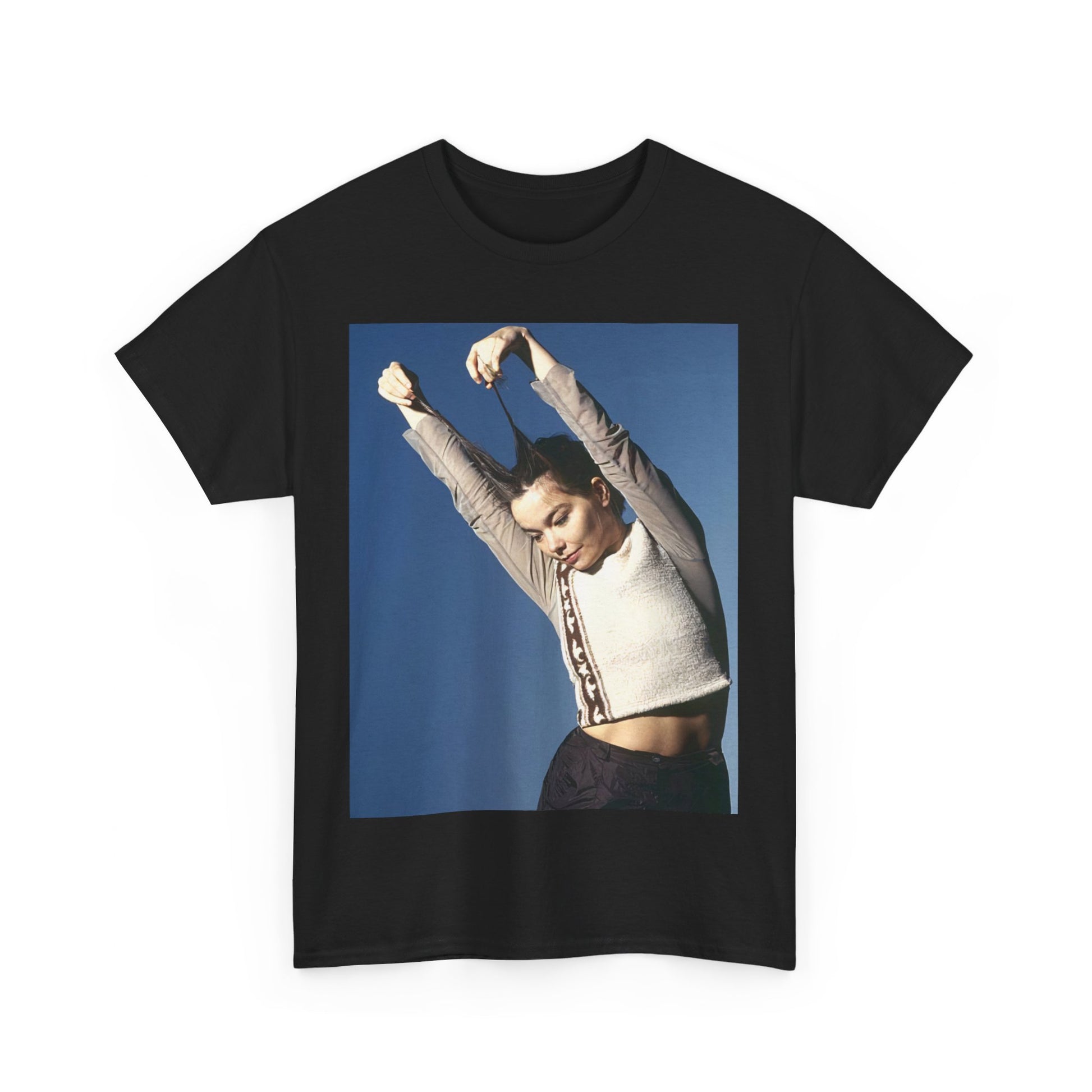 A black graphic t-shirt featuring a graphic of Bjork, designed with a futuristic or timeless aesthetic, labeling it a 'future classic'.
