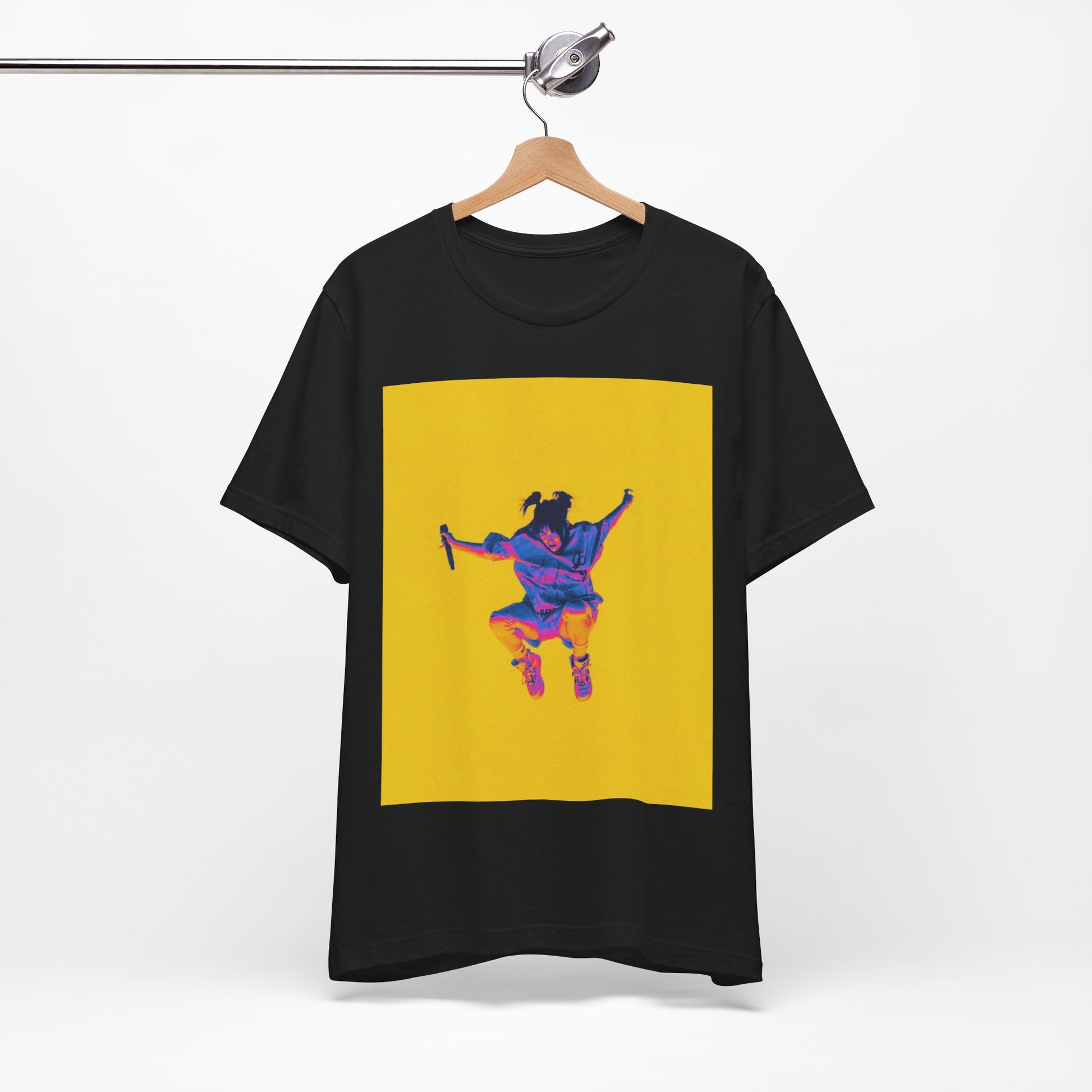 A stylized graphic of Billie Eilish jumping in the air with a microphone, rendered with psychedelic thermal colors against a solid yellow background.