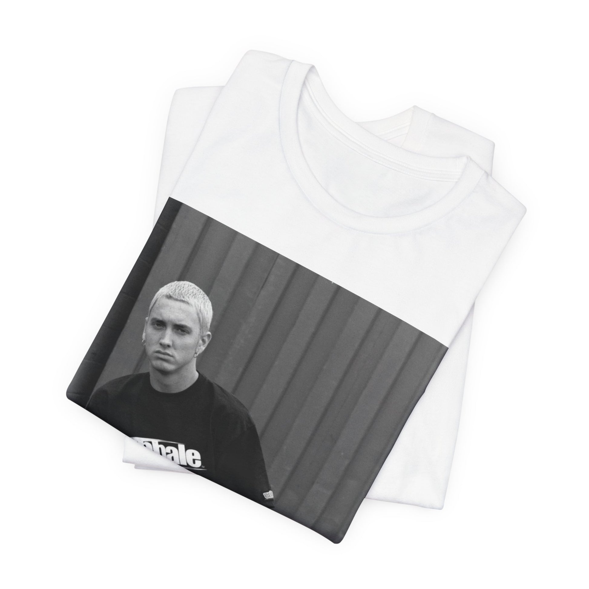 A black graphic t-shirt featuring a graphic of Eminem with a Detroit hip hop aesthetic.