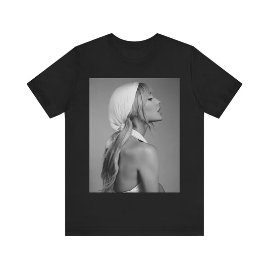 A black graphic t-shirt featuring a photo or illustration of Ariana Grande with a glamorous, Hollywood-inspired look.