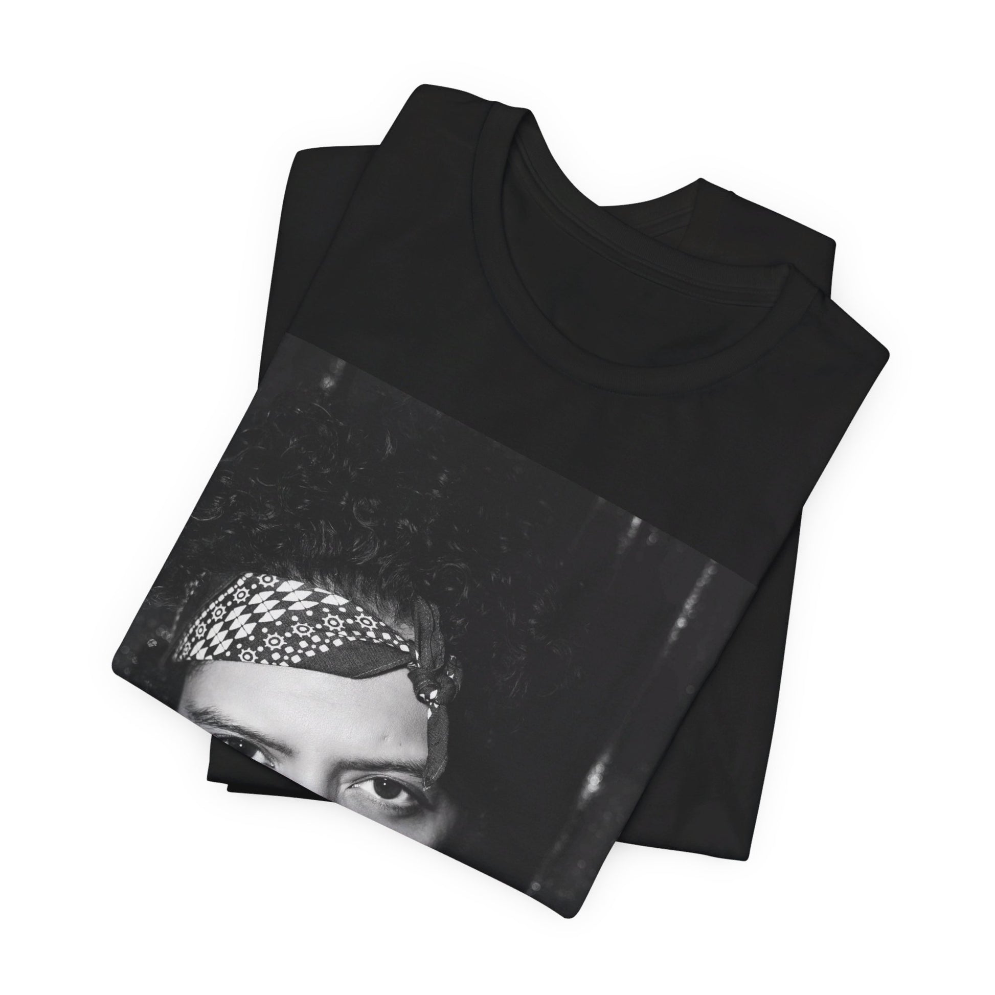 A black graphic t-shirt featuring a graphic of Bruno Mars with an old school groove aesthetic.