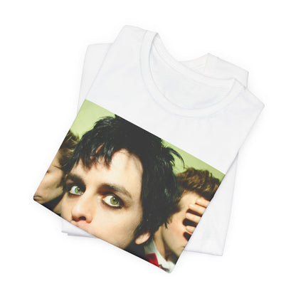 A black graphic t-shirt featuring a vintage punk rock graphic of Green Day.