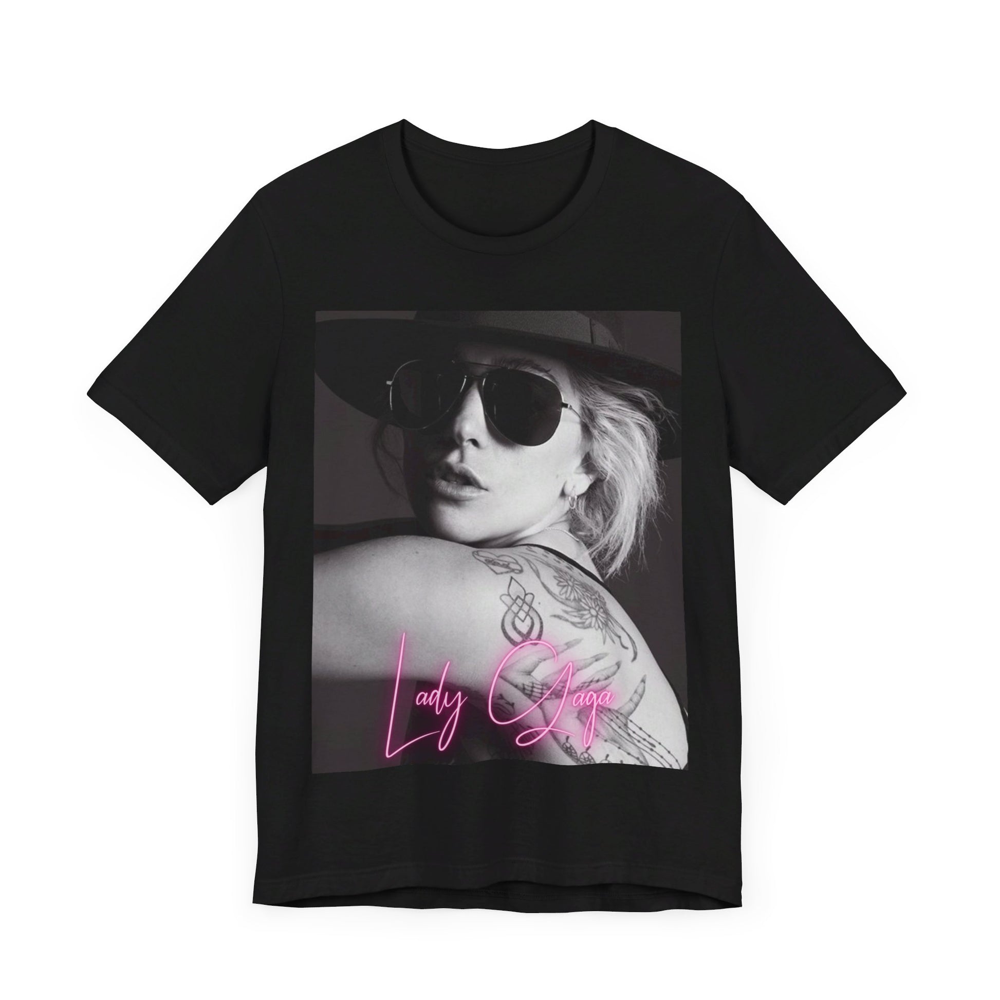 A black graphic t-shirt featuring a fierce graphic related to Lady Gaga's 'Bad Romance' song or era.
