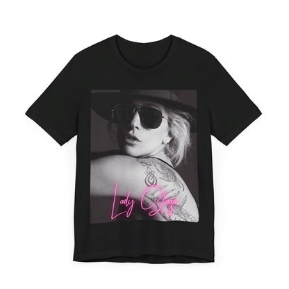 A black graphic t-shirt featuring a fierce graphic related to Lady Gaga's 'Bad Romance' song or era.
