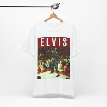 A black graphic t-shirt featuring a retro graphic related to an Elvis Presley special concert.