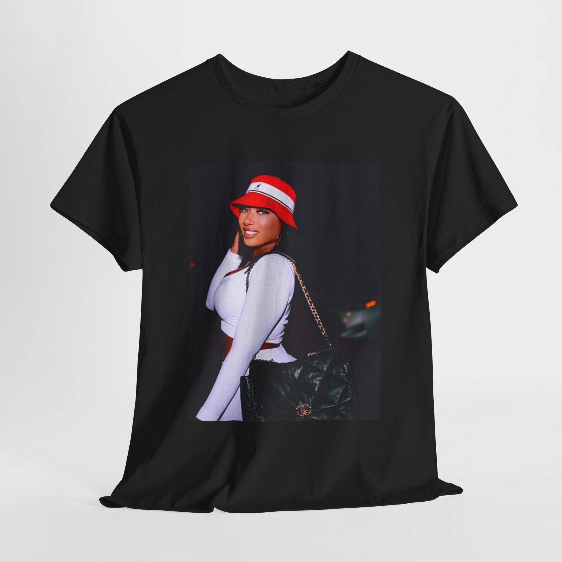 A black graphic t-shirt featuring an iconic fashion graphic of Megan Thee Stallion.